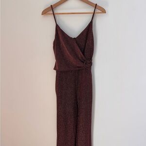 Donna Morgan Rose Gold Shimmer Jumpsuit Size 8 Wide Leg Spaghetti Strap Wedding